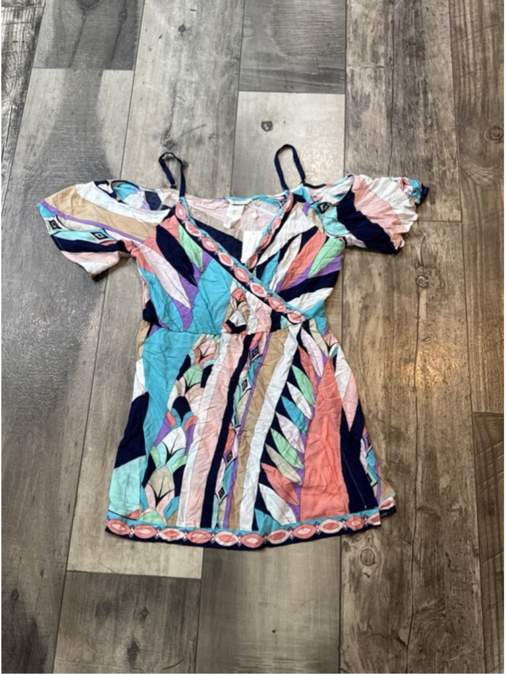 Trina Turk Womans Blouse Top Multicolor Geometric Medium Cold Shoulder Sleeve